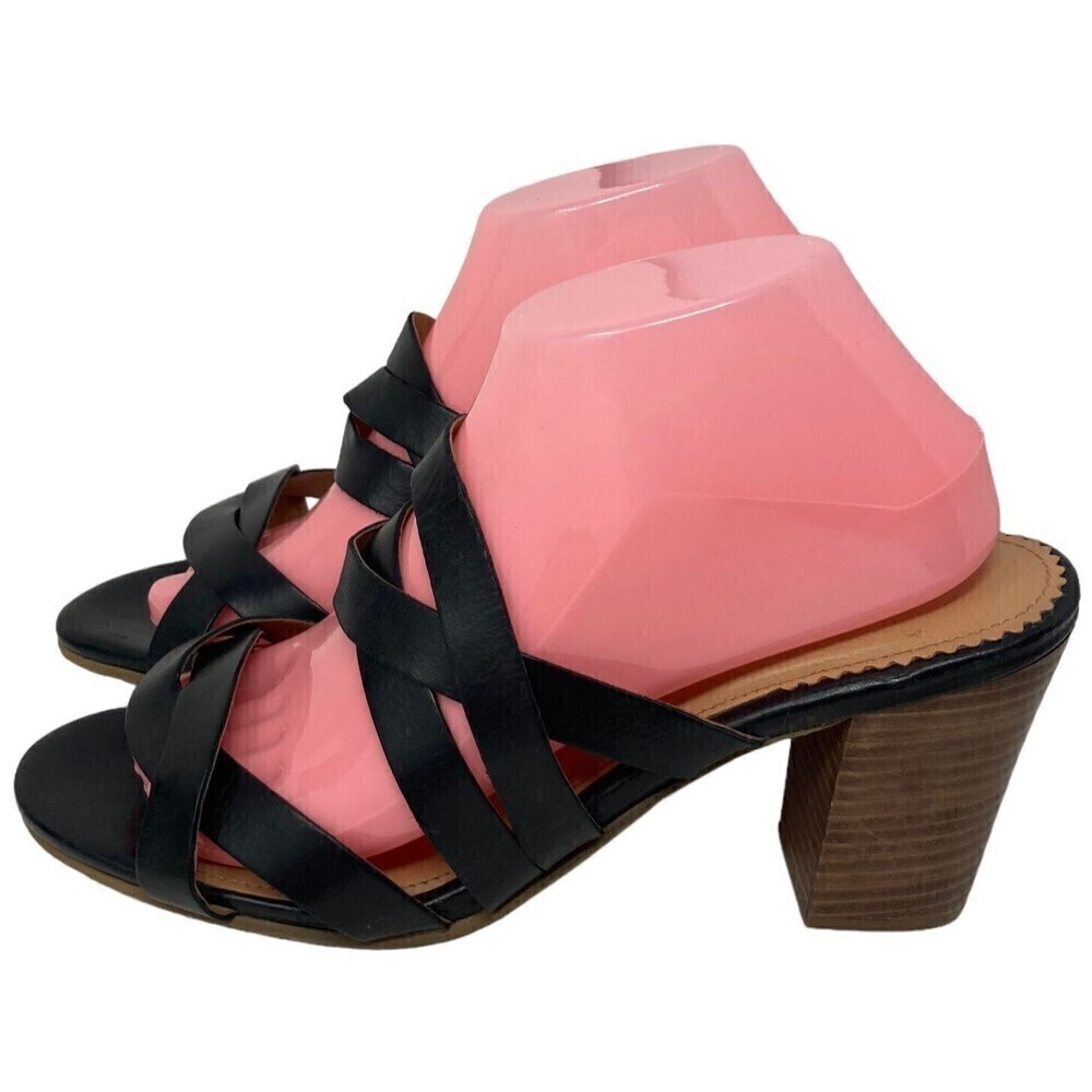 Crevo Black Leather Strappy Block Heel Sandals Women's Size 9.5 US NEW